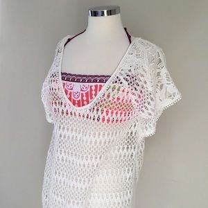 VICTORIA/'S SECRET Caftan Crochet Lace Flounce Plunge Back Romper Cover Up Dress